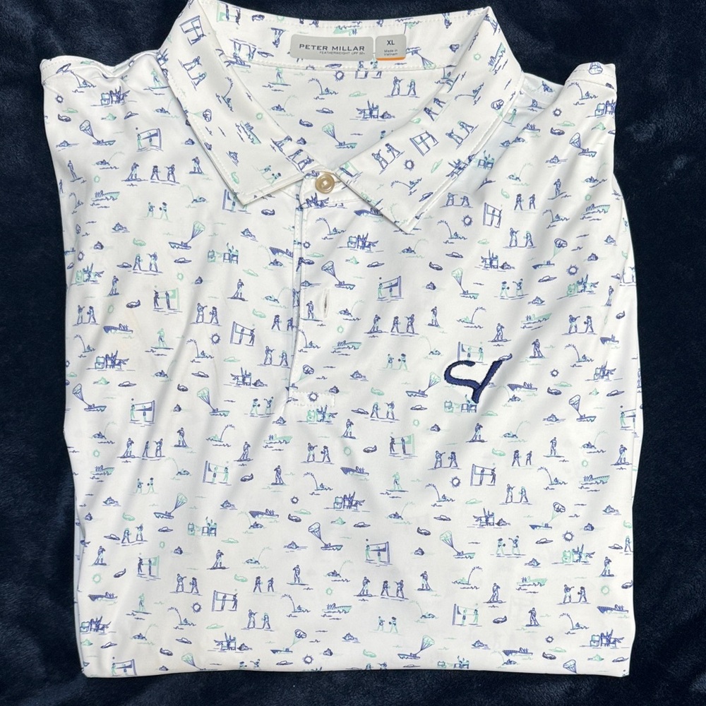 Peter Millar White and Blue Graphic Polo